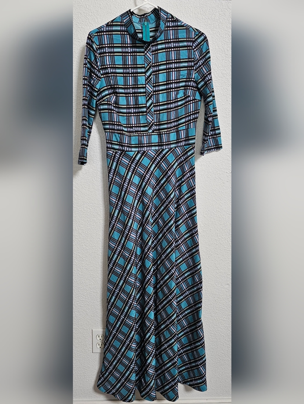 Dress Women Small blue green Plaid Sleeve Career maxi casual Belt A-line Collar